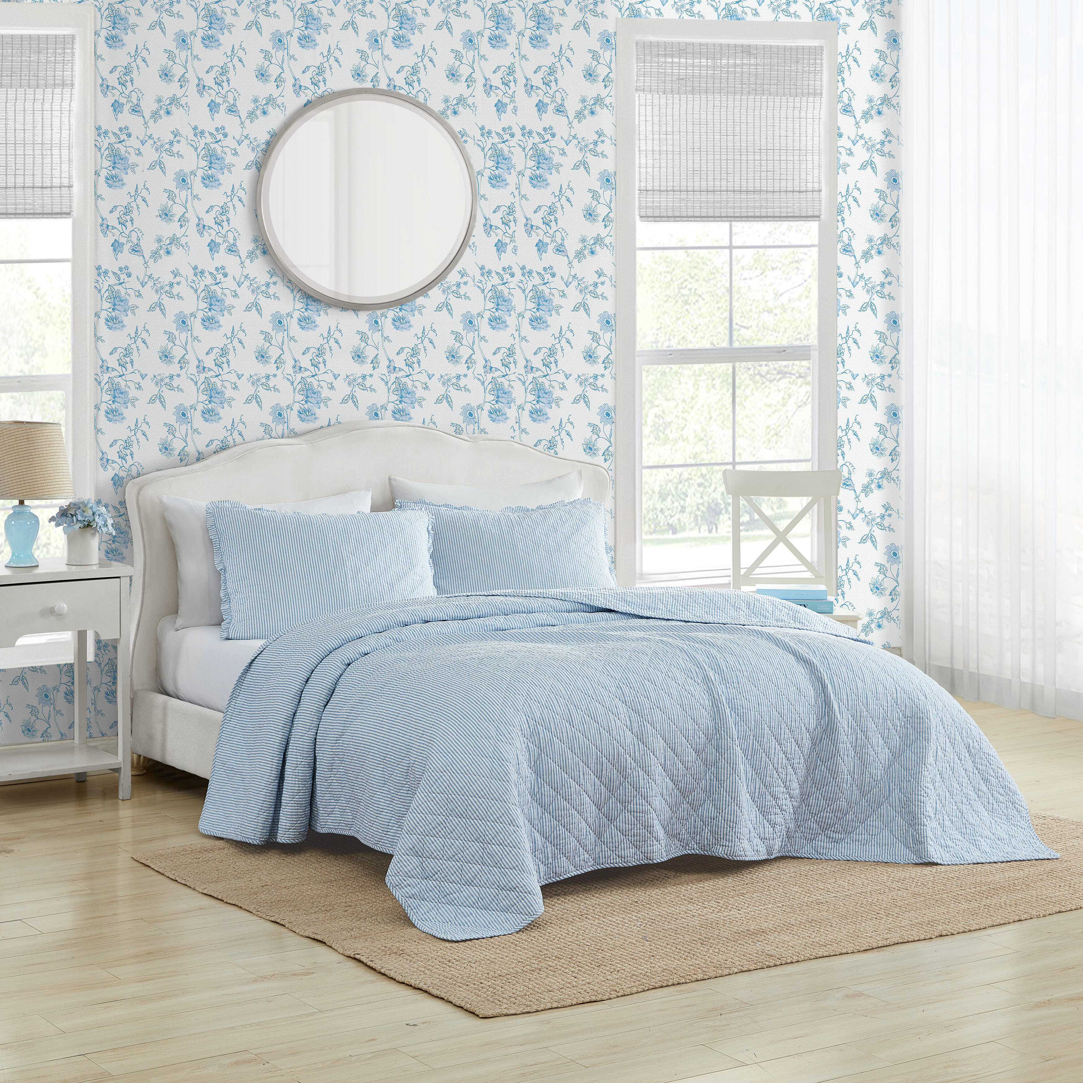 ローラアシュレイ　タオルケット　キャンディストライプ　ブルー Laura Ashley Oxford Stripe Blue Cotton Reversible Quilt Set